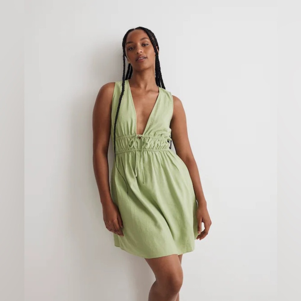 Madewell Green Sophia Deep-V Sleeveless Mini Dress Linen Blend Medium